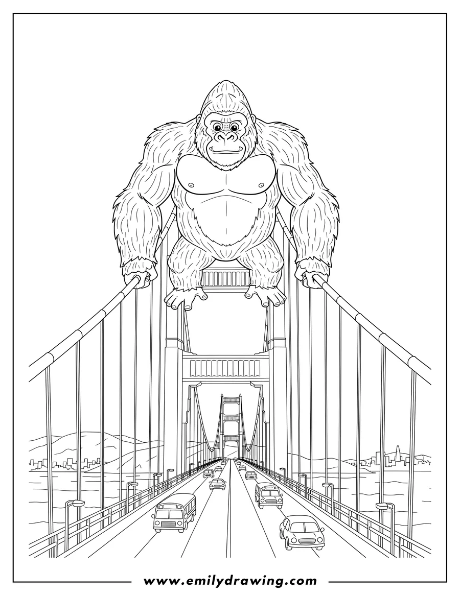 Simple sketch of mighty King Kong standing on the San Francisco Golden Gate Bridge with cars to color