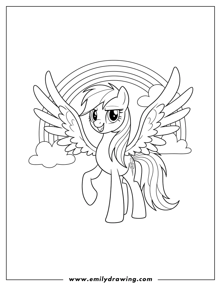 Doodle style coloring picture of mighty Rainbow Dash with wings spread out, a confident expression, and flowing mane and tail