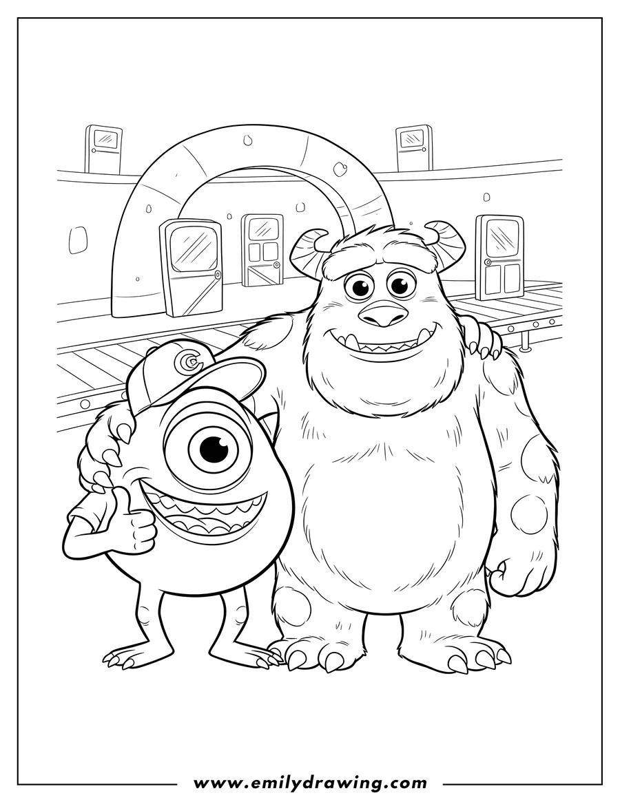 Printable line art of mike and Sulley from Monsters Inc smiling, with Mike giving a thumbs-up