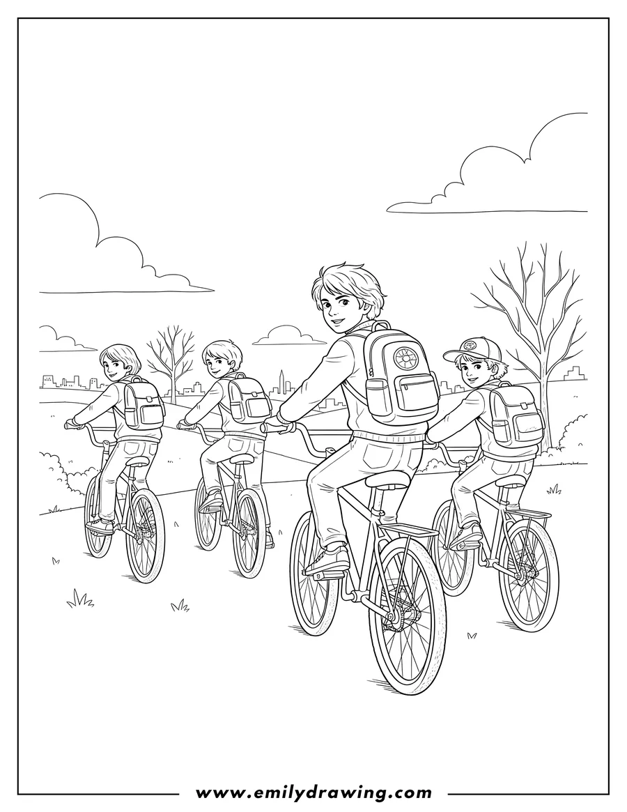 Coloring page of mike Dustin Will And Lucas on bikes, riding away with backpacks