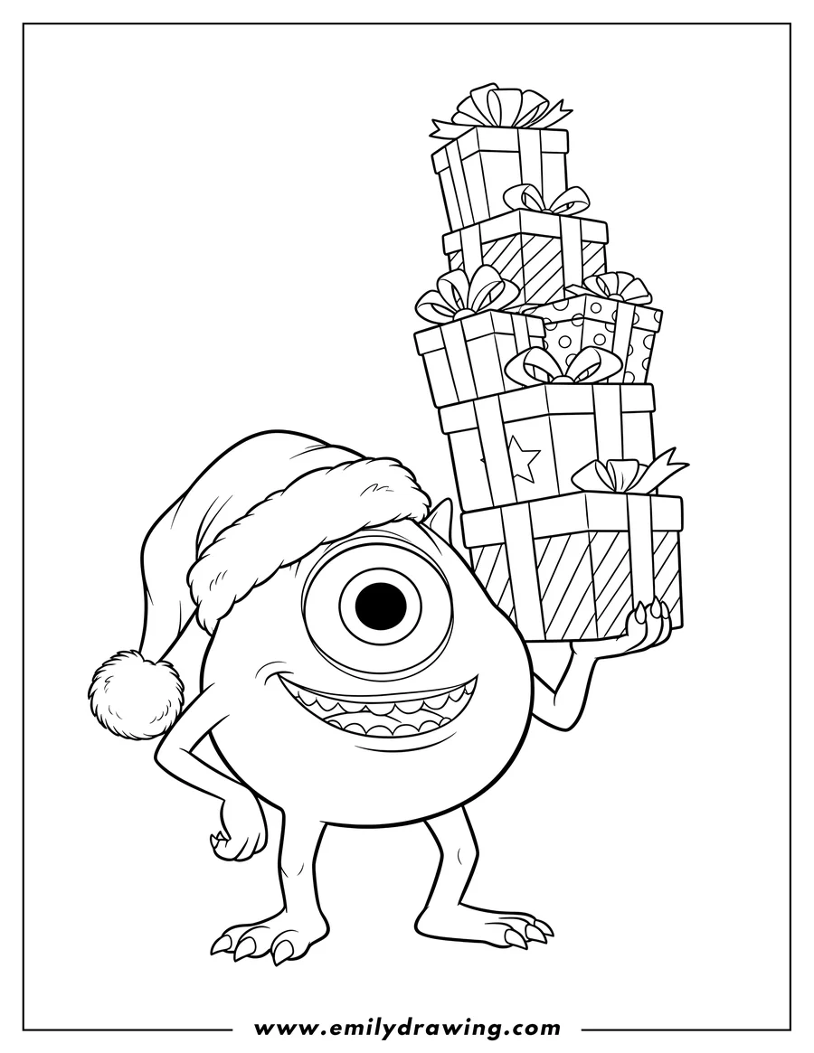 Free to print drawing of monsters Inc Mike Wazowski wearing a Santa hat and carrying a tall stack of Christmas presents