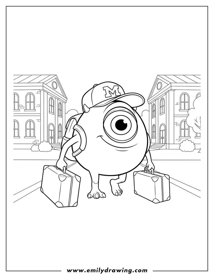 Linear illustration of mike Wazowski going to college, wearing a backpack and cap, holding two suitcases