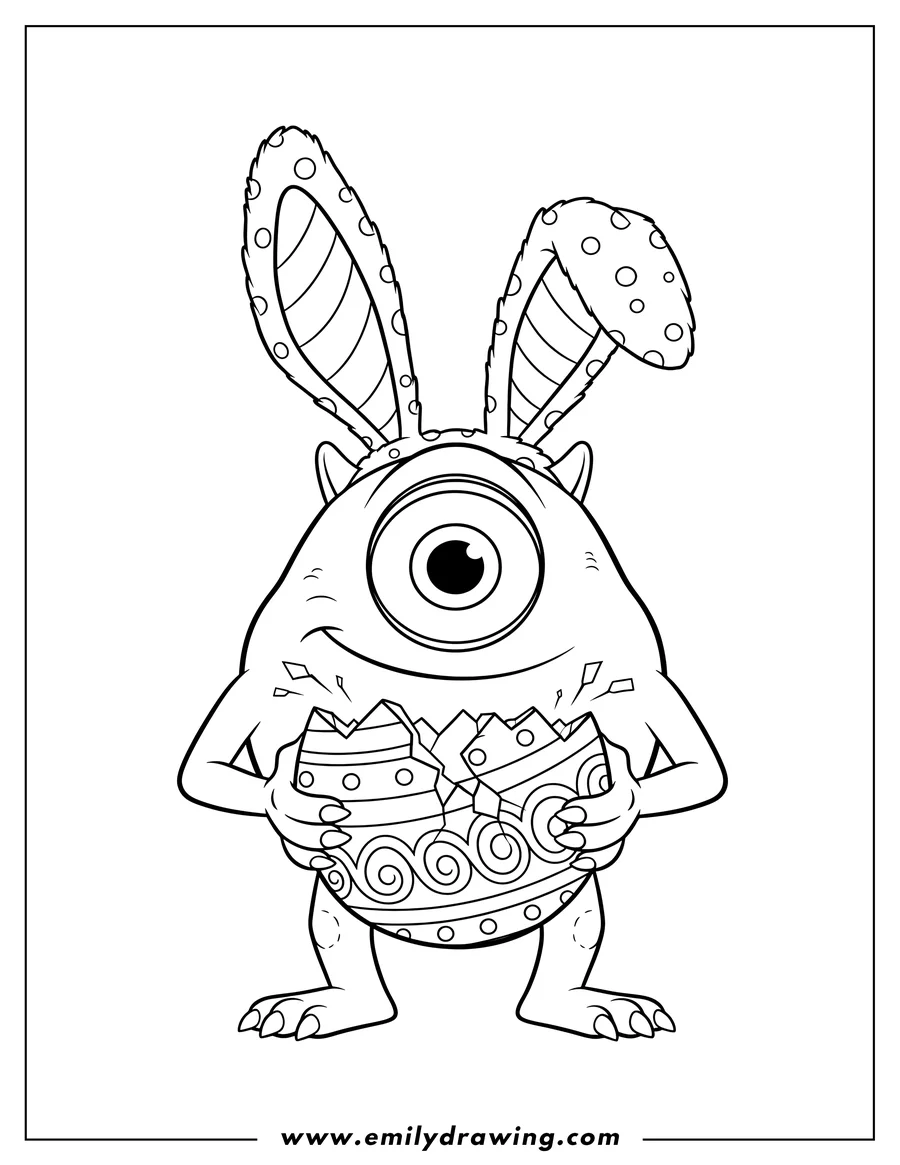 Printable coloring page of mike Wazowski in bunny ears holding a cracked Easter egg
