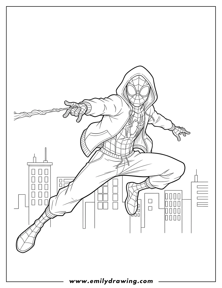 Free to print drawing of miles Morales in a hoodie, dynamically shooting spider web