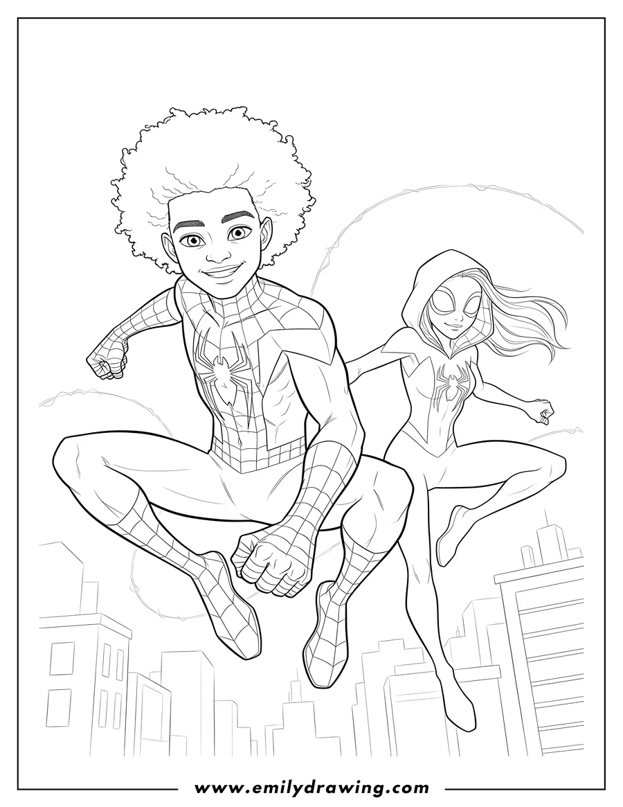 Simple sketch of miles Morales Superhero with an afro, alongside Gwen Stacy to color