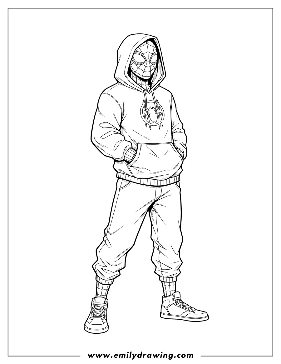 Full page coloring image of miles Morales in a hoodie with hood up and hands in pockets