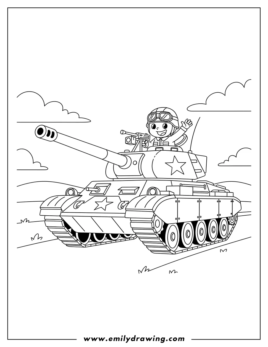 Black and white line art of military Tank On Road With Gunner On Top, with a long cannon and star symbols