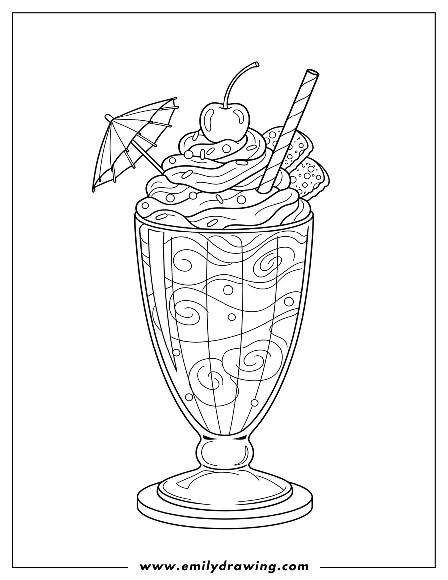 Coloring page for kids: A milkshake in a tall glass with a straw and toppings