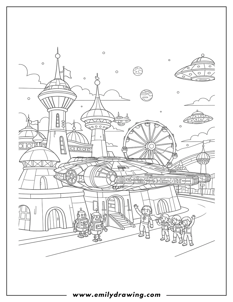 Coloring page of millennium Falcon docked at a futuristic spaceport in Disneyland