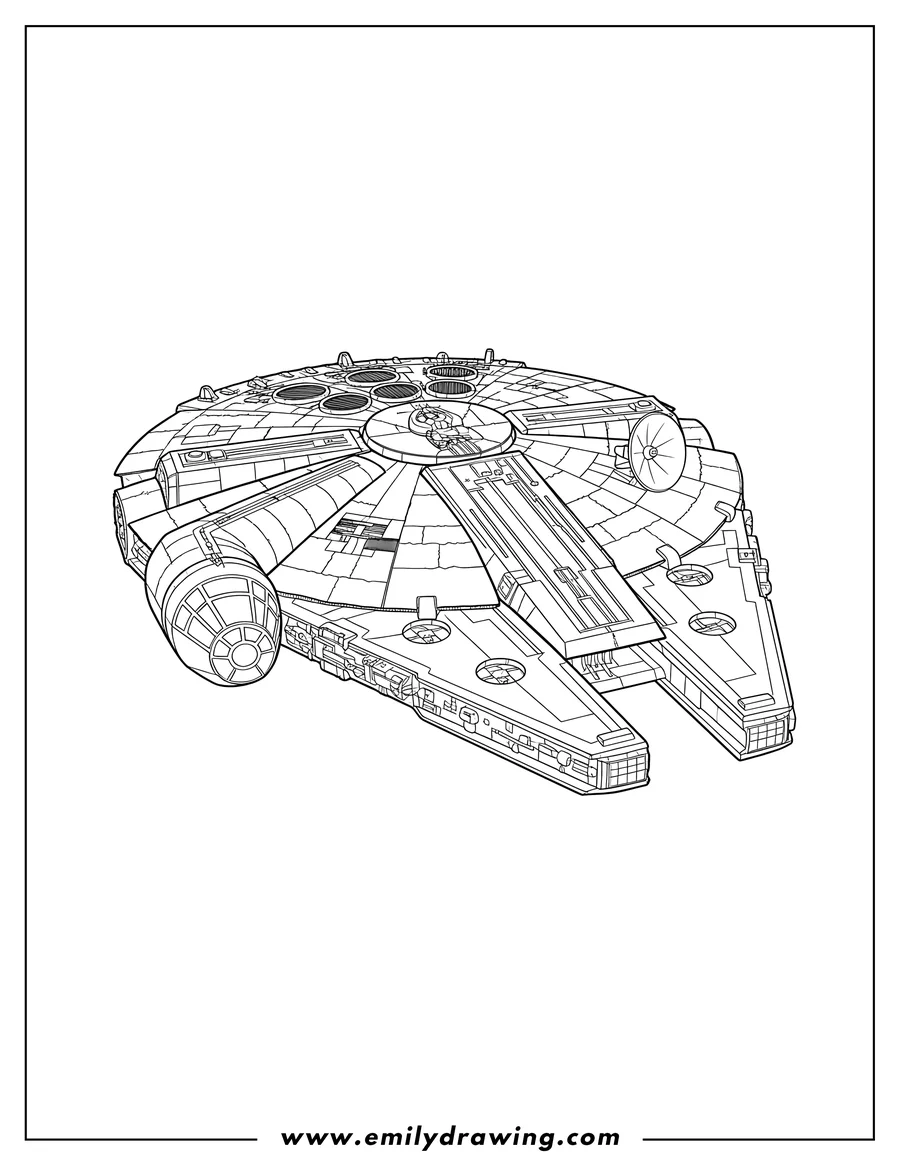 Full page coloring image of millennium Falcon detailed spaceship