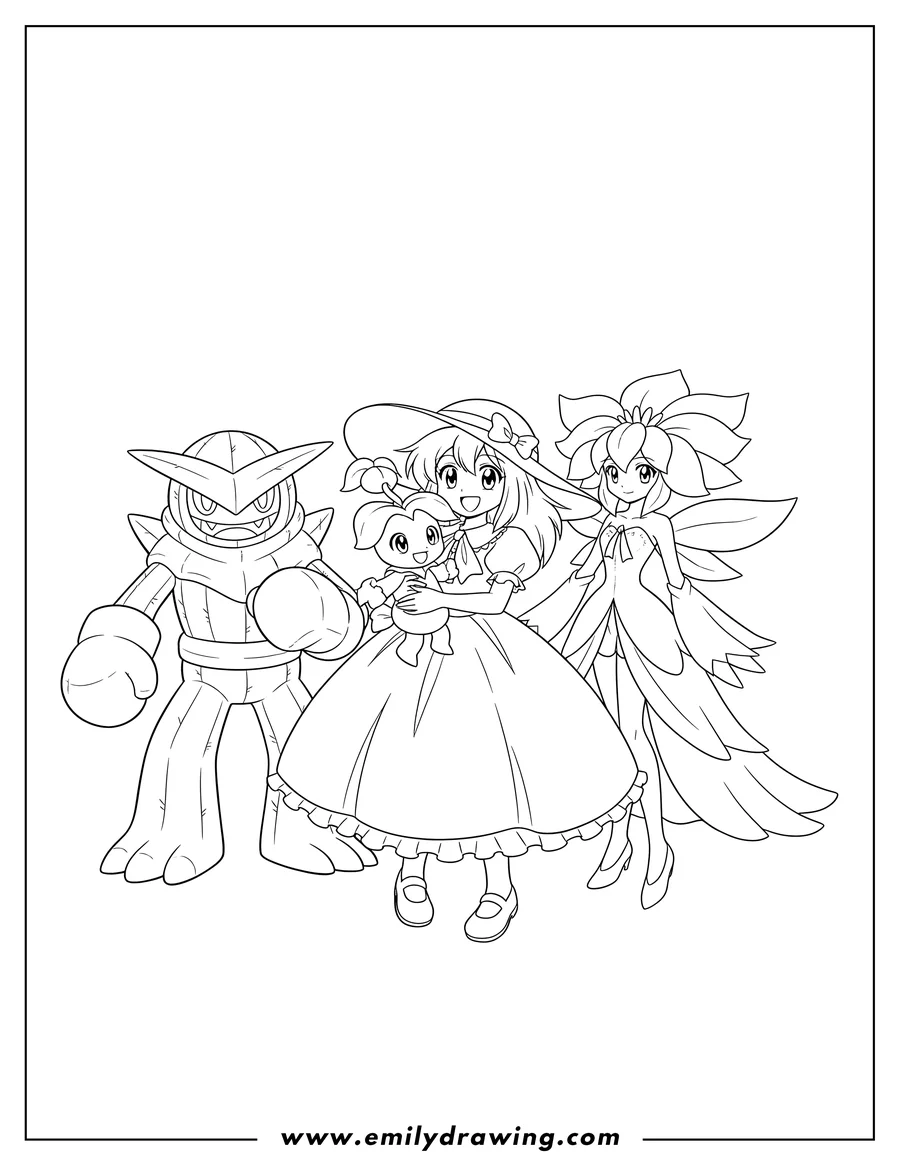 Full page coloring image of mimi Tachikawa holding Palmon, with Lilymon and Togemon, posing together