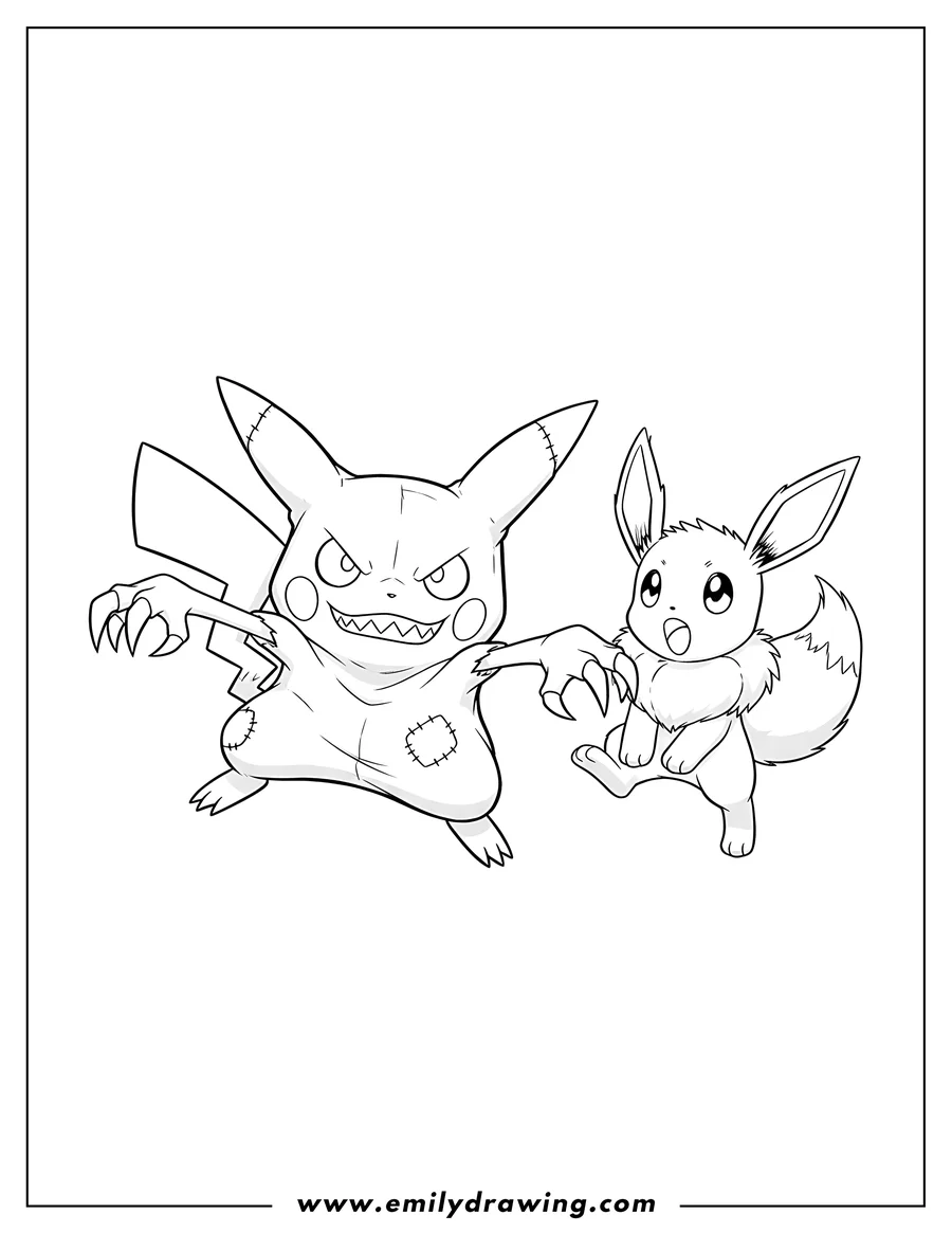 Linear illustration of mimikyu lunging with sharp claws towards a surprised Eevee