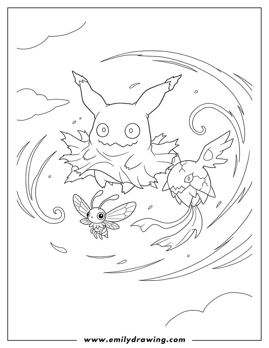 Clean line drawing: mimikyu with Cutiefly and Shedinja flying in the wind