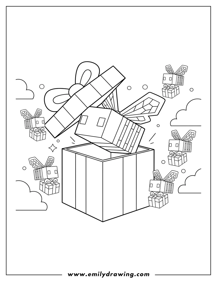 Downloadable coloring page of minecraft Bee as an open present, with flying present bees