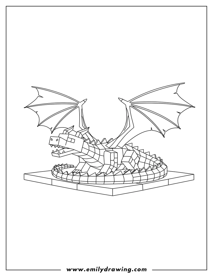 Downloadable coloring page of minecraft Black Dragon Scaled, resting with wings spread