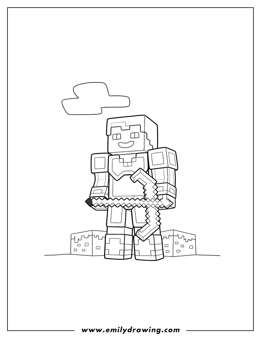 Black and white line art of minecraft character in armor holding a pickaxe, standing