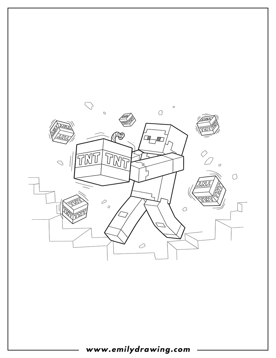 Full page coloring image of minecraft character throwing TNT, surrounded by flying TNT blocks