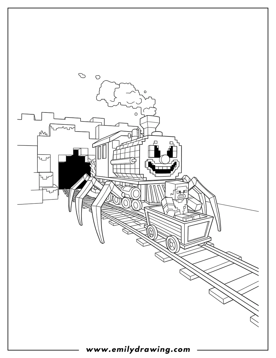 Vector style outline of minecraft Choo Choo Charles spider train chasing a Minecraft character in a minecart on rail tracks