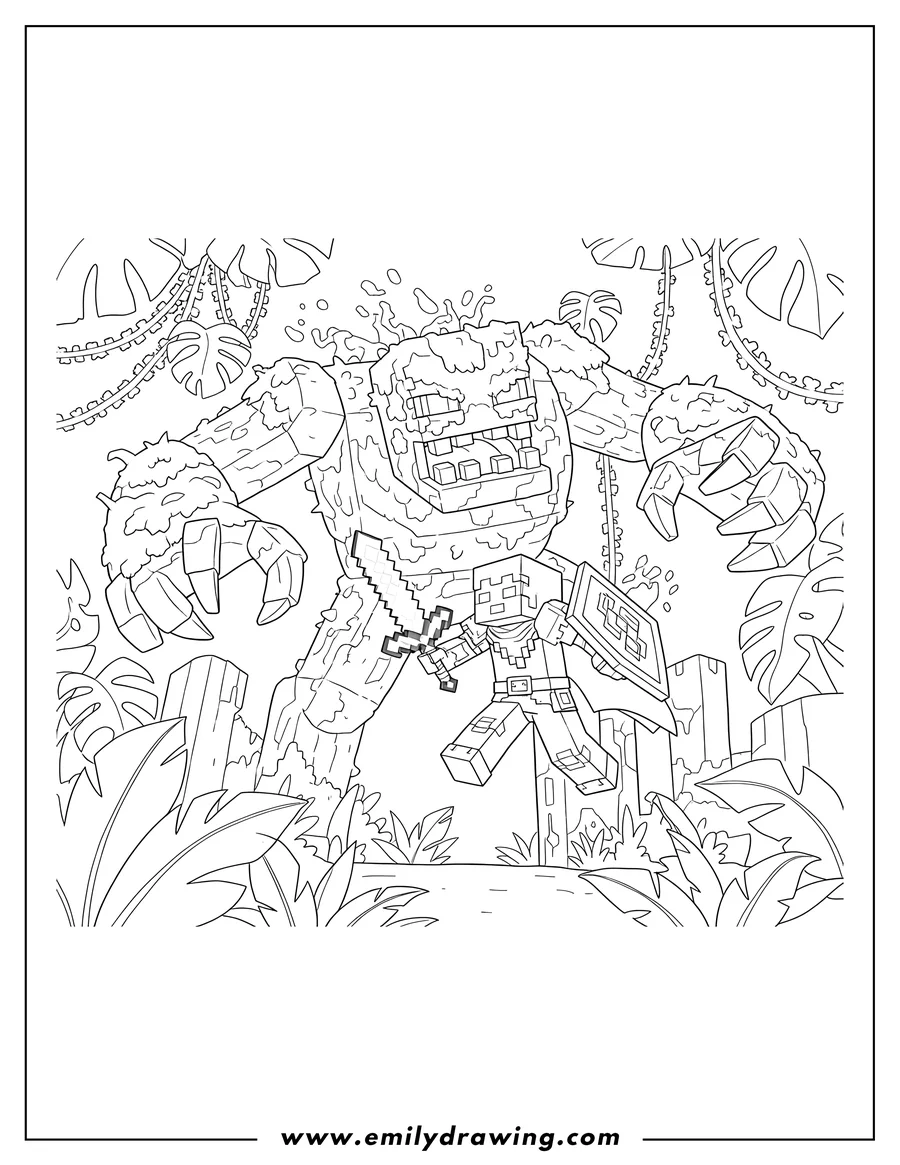Clean line drawing: minecraft Dungeons Jungle Awakens: Hero fighting the Jungle Abomination