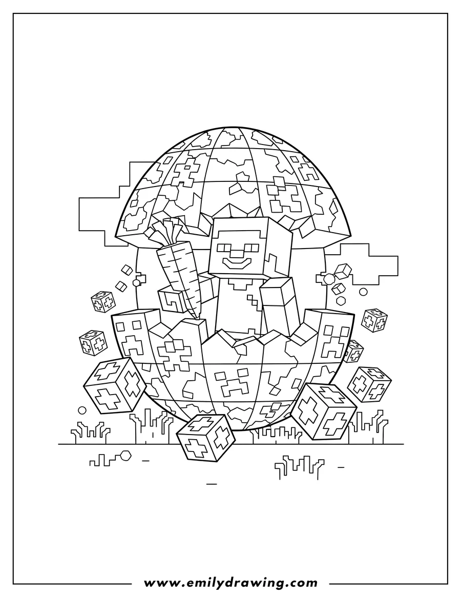 Free to print drawing of minecraft Easter Egg with a character inside, surrounded by health cubes