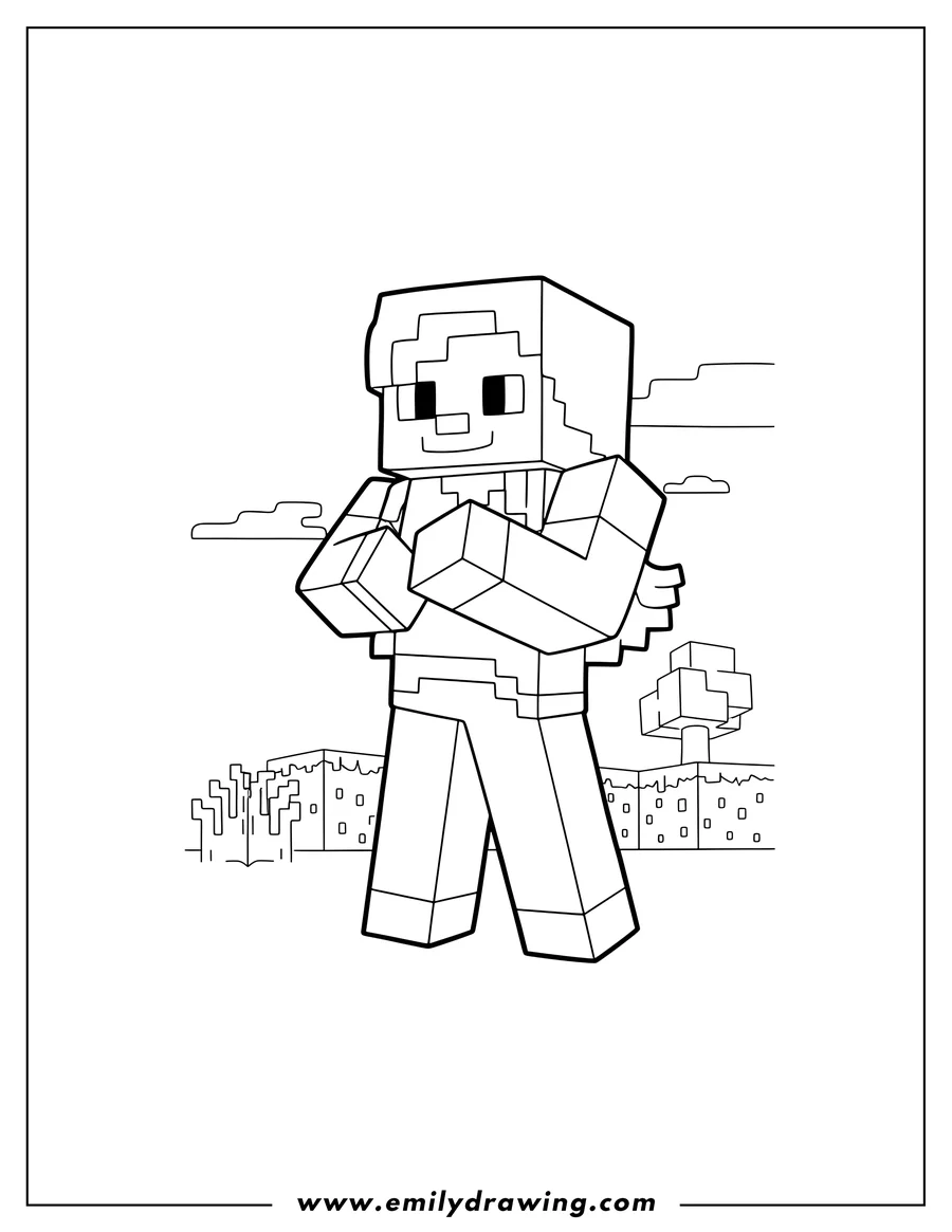 Coloring sheet featuring minecraft Girl Alex standing, arms bent