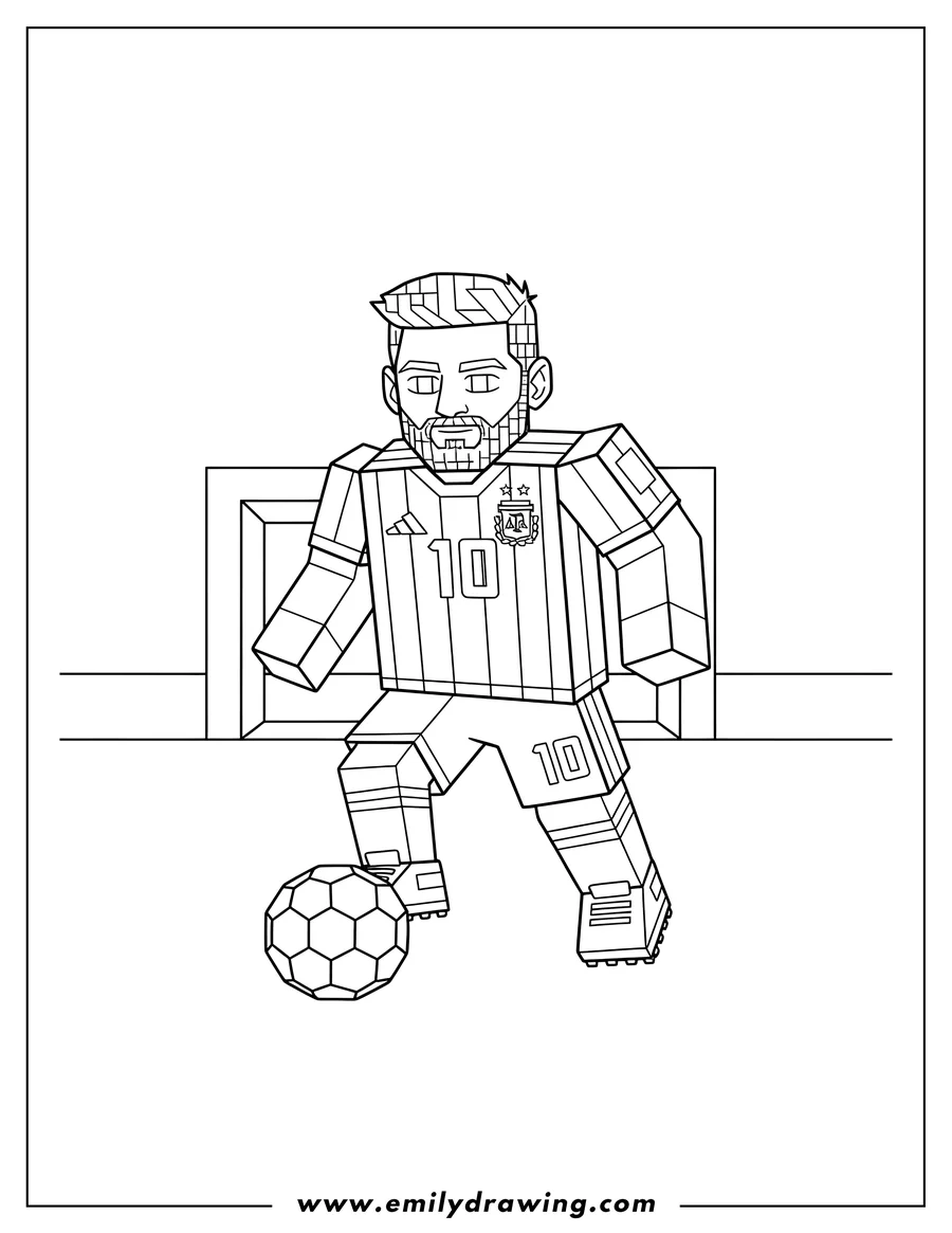 Clean line drawing: minecraft Lionel Messi wearing an Argentina jersey, with a soccer ball at his feet