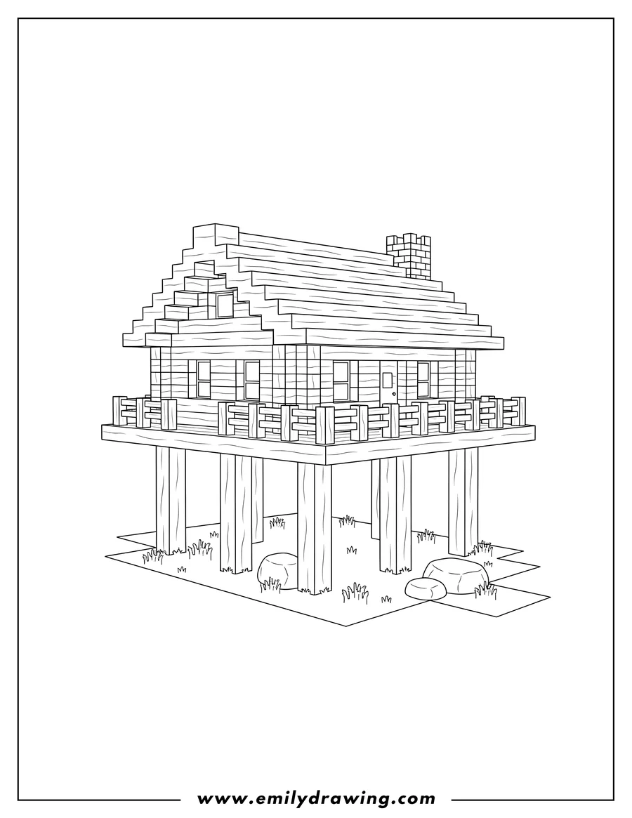 Free printable coloring sheet of minecraft Log Cabin House on stilts with a balcony and chimney