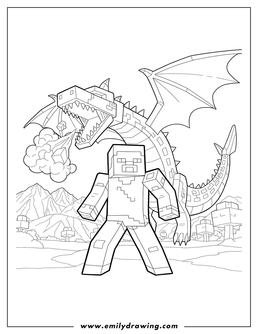 Doodle style coloring picture of minecraft Steve with a roaring blocky dragon