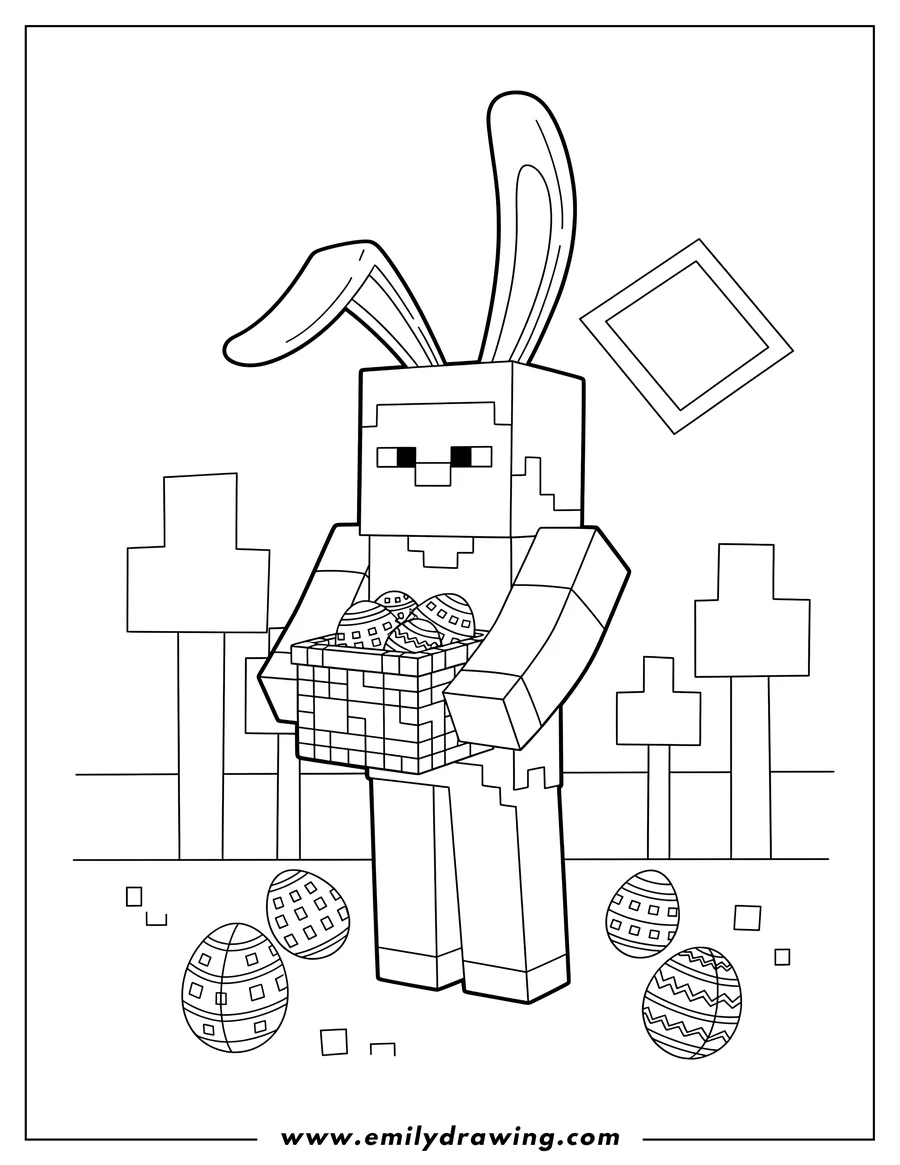 Coloring page for kids: minecraft Steve With Bunny Ears holding an Easter basket, with Easter eggs on the ground