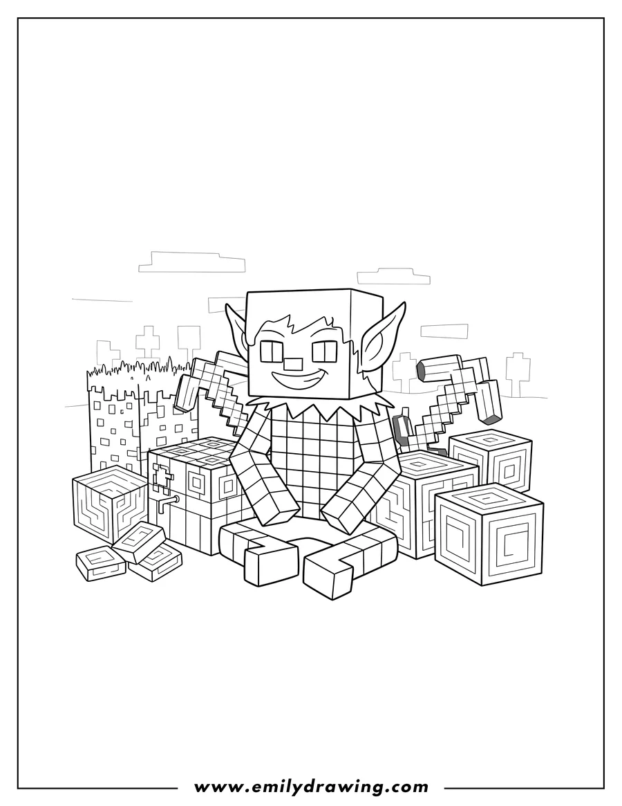 Free printable coloring sheet of minecraft themed Elf on Shelf character sitting, wearing a checkered shirt, surrounded by Minecraft blocks