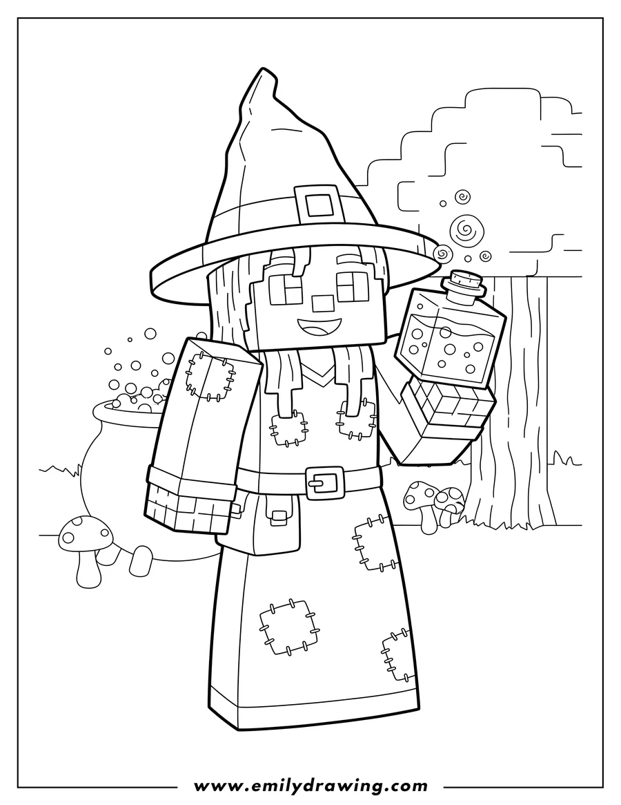 Printable coloring page of minecraft Witch holding an item
