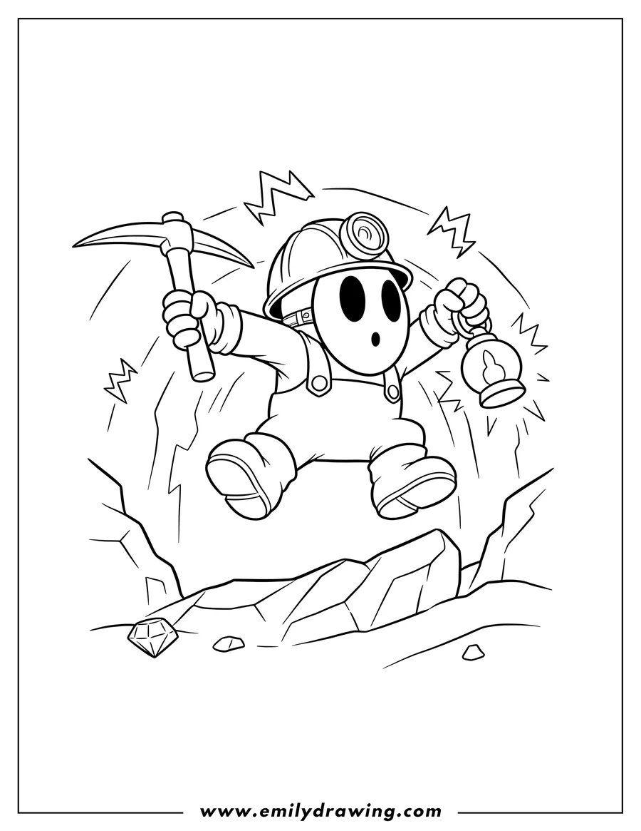 Downloadable coloring page of miner Shy Guy wearing a mining helmet and jumping while holding a pickaxe