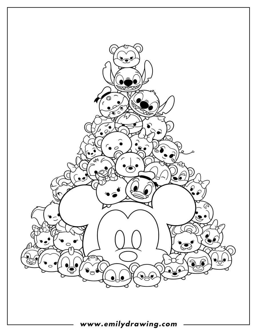 Outline drawing of mini and large Disney Tsum Tsum characters piled high