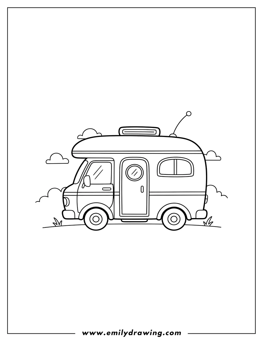 Printable coloring page of mini Rv, side view, with roof AC unit and antenna
