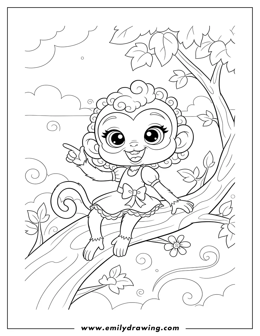 Downloadable coloring page of minka Mark smiling and gesturing up on tree