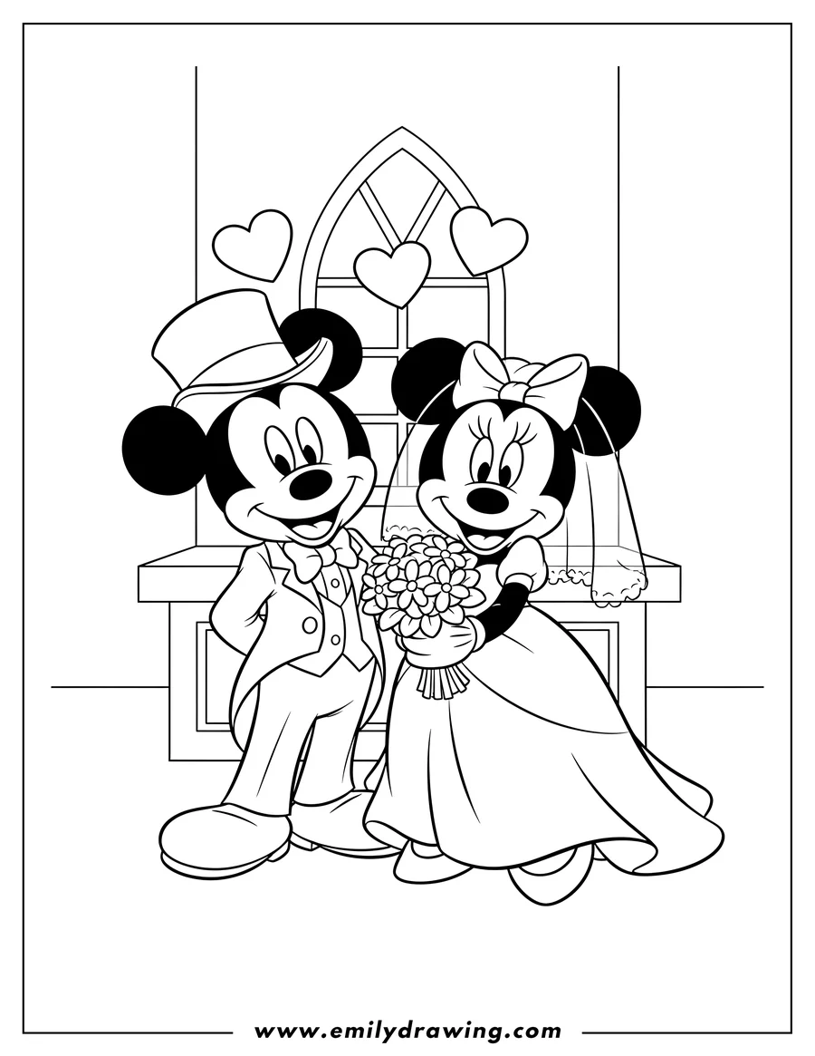 Black and white line art of minnie and Mickey Mouse Wedding Day, with Mickey in a tuxedo and top hat, and Minnie in a wedding dress holding a bouquet