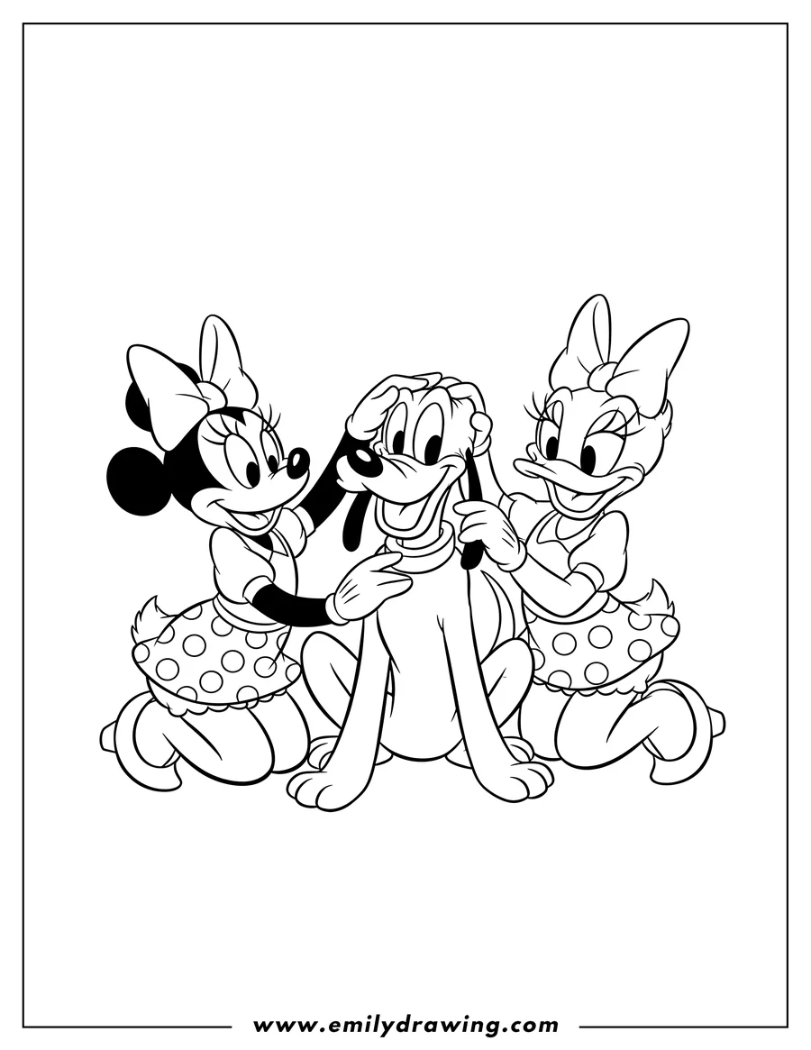 Line art of Minnie Mouse and Daisy Duck affectionately petting Pluto, who is sitting happily between them.
