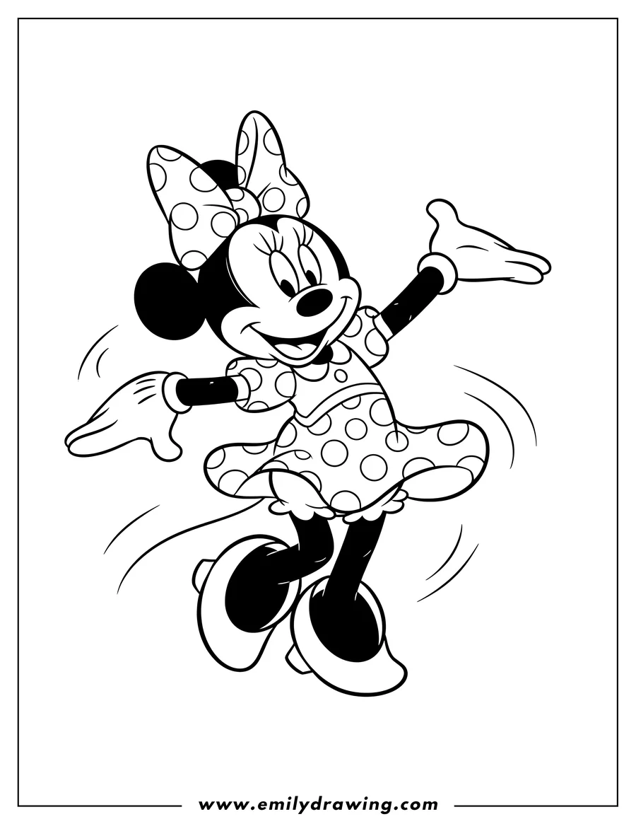 Free printable coloring sheet of minnie Mouse dancing and smiling, wearing a polka dot dress and bow, with a ring on her finger