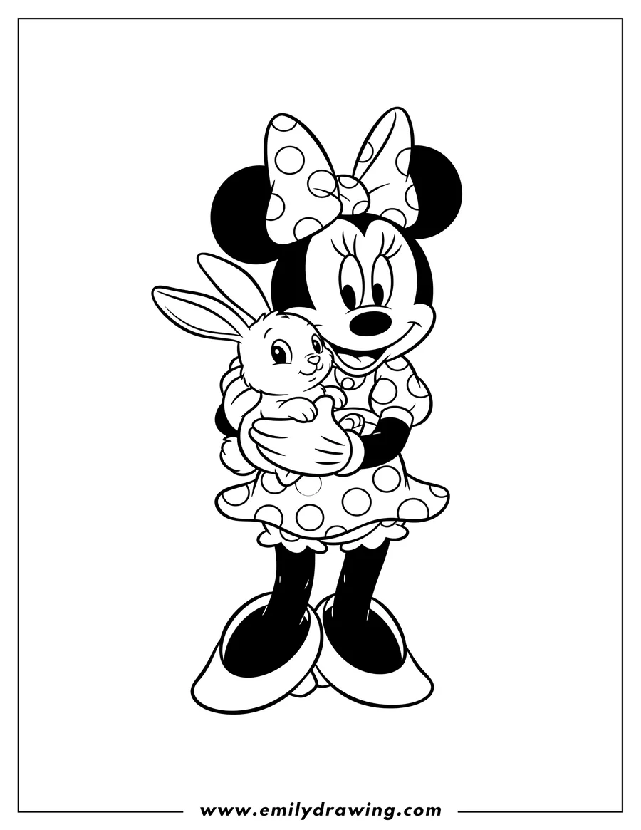 Black and white line art of minnie Mouse holding a cute rabbit, wearing a polka-dot bow and dress