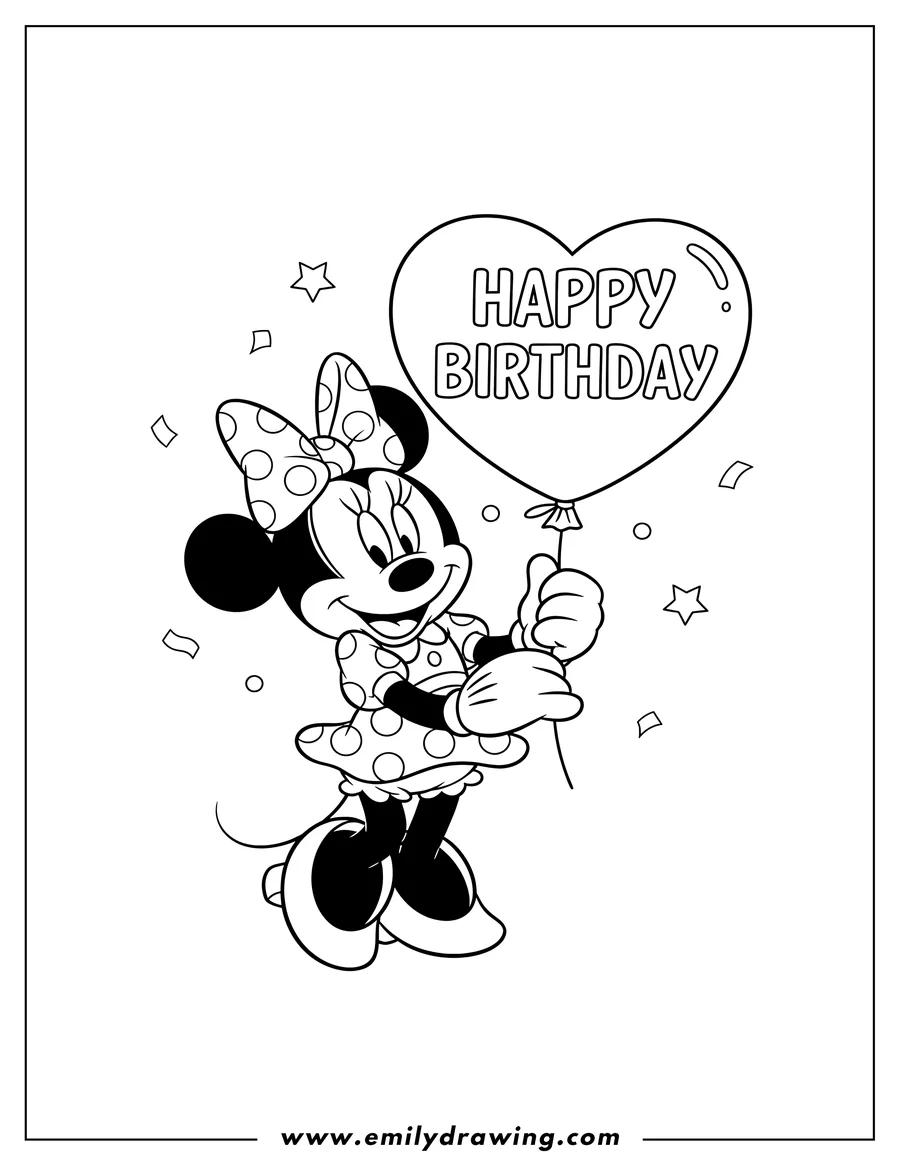 Full page coloring image of minnie Mouse smiling and holding a Happy Birthday heart