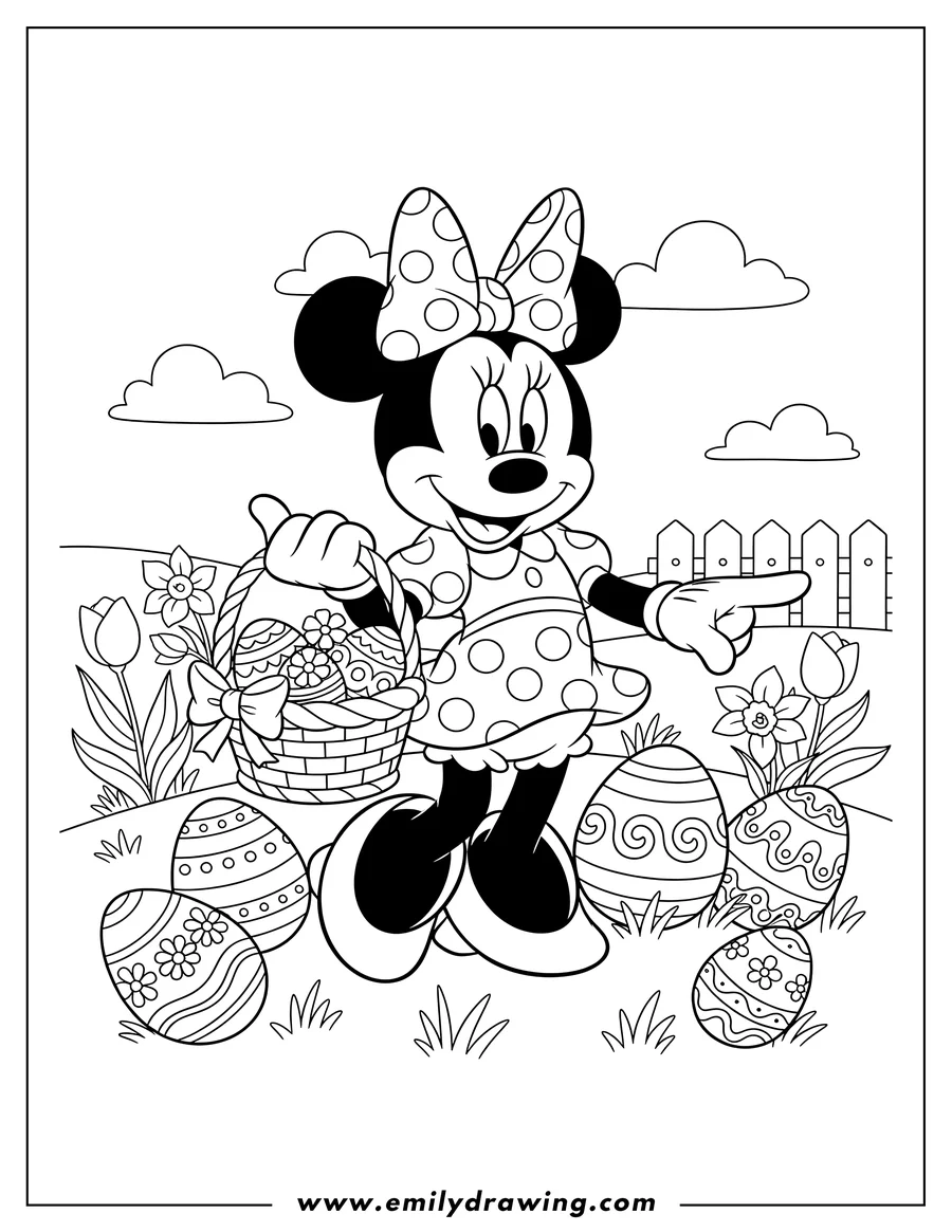 High quality printable minnie Mouse holding an Easter basket during an Easter egg hunt for coloring
