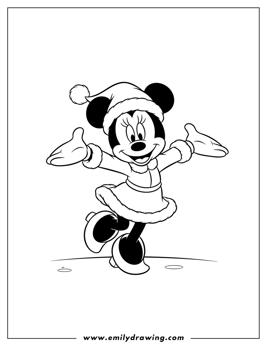 PDF style coloring page: minnie Mouse in a cute Santa outfit, smiling with arms open wide and one leg lifted