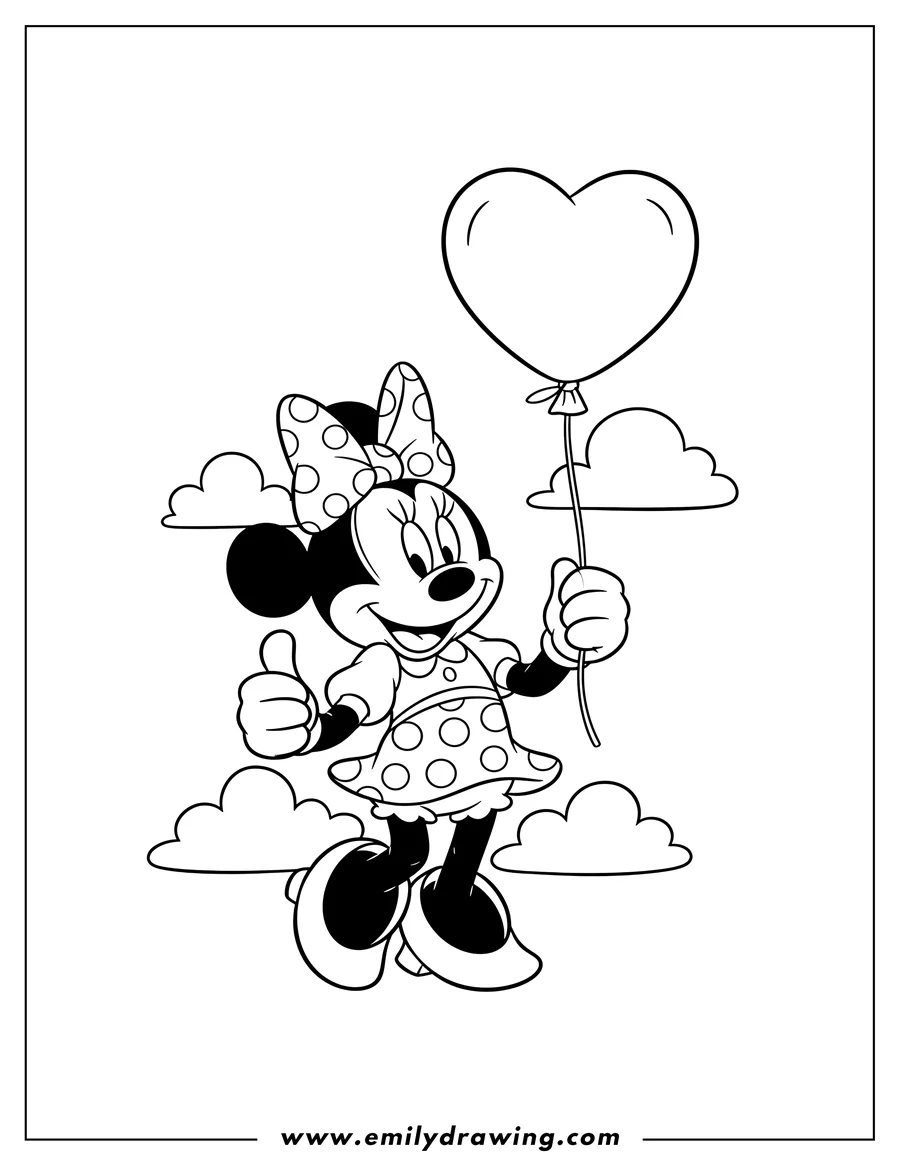 Vector style outline of minnie Mouse smiling and giving a thumbs-up, holding a heart-shaped balloon, with clouds
