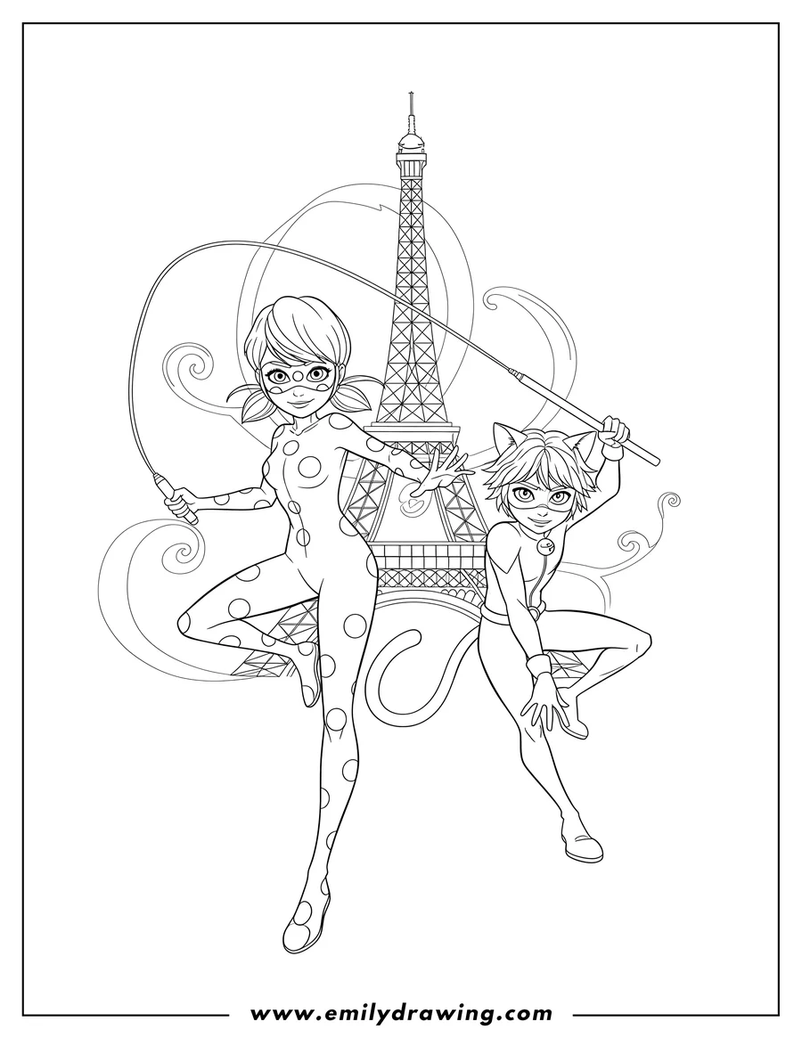Full page coloring image of miraculous Ladybug Tv: Ladybug and Cat Noir in action poses