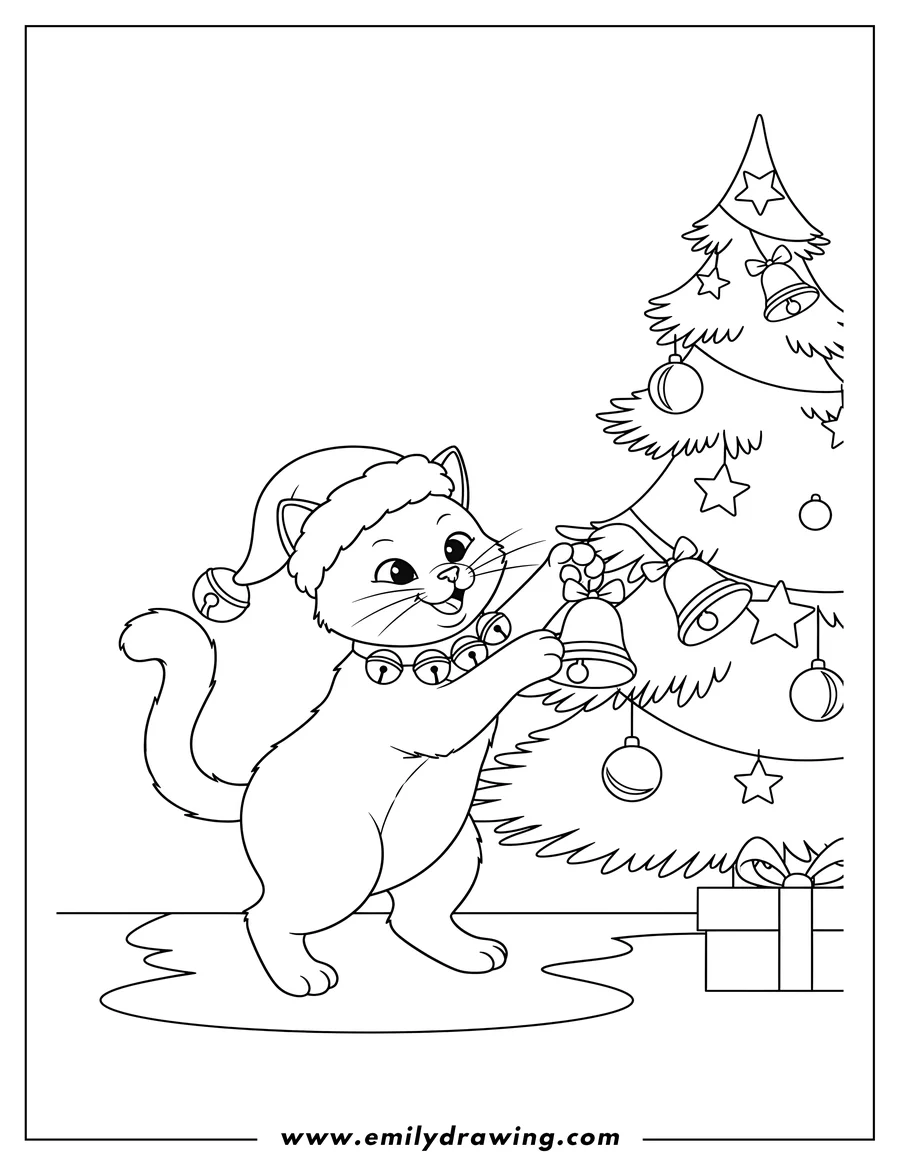 Free printable coloring sheet of mischievous Christmas cat in a Santa hat and bell collar, playing with bells on a Christmas tree