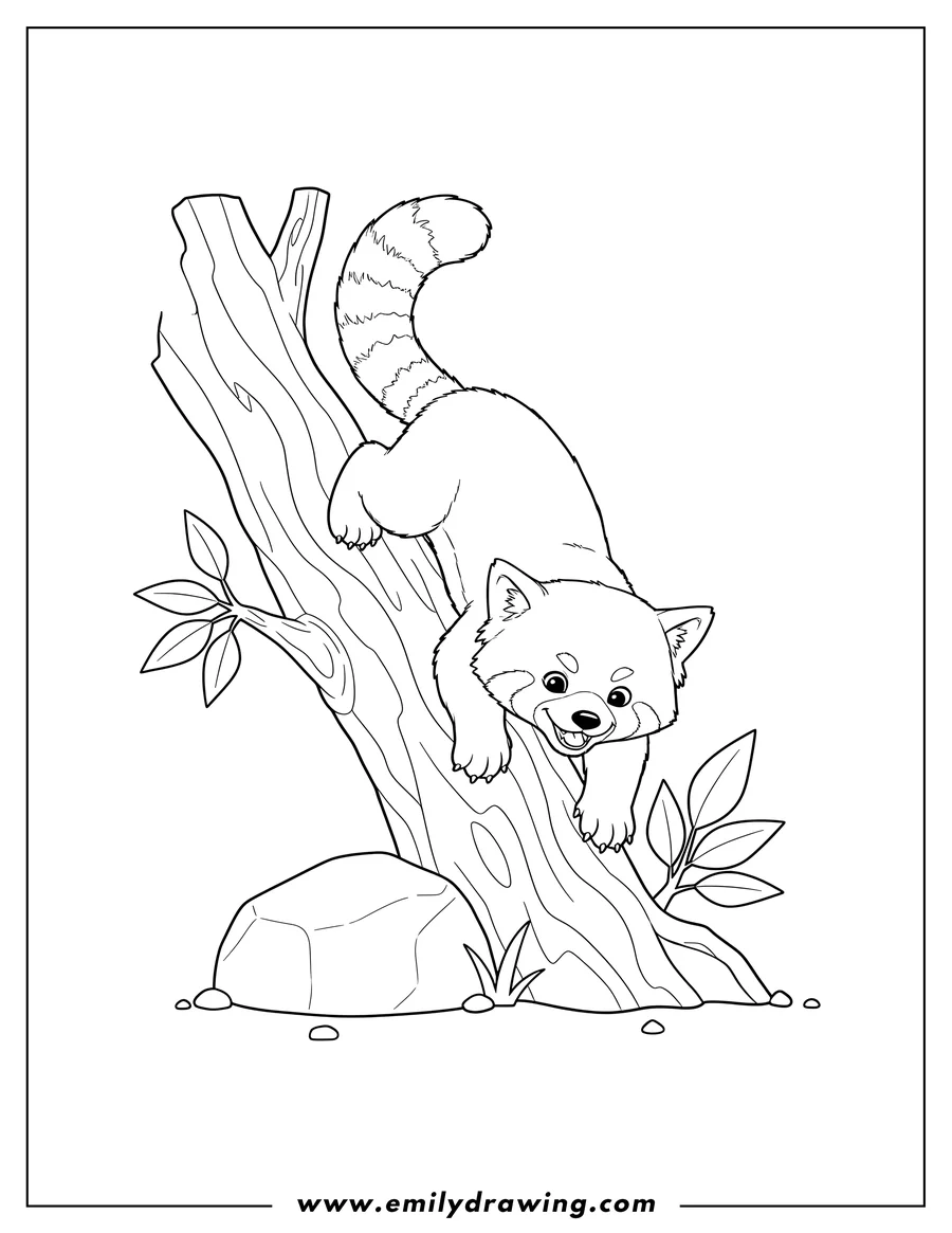 Coloring page for kids: mischievous Looking Red Panda climbing down a tree with its mouth slightly open