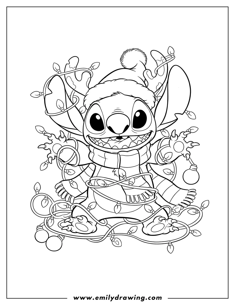 Printable line art of mischievous Stitch wearing a Santa hat and scarf, tangled in Christmas lights