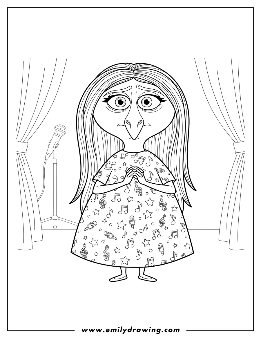 Linear illustration of miss Crawly from Sing, wearing a patterned dress and with clasped hands