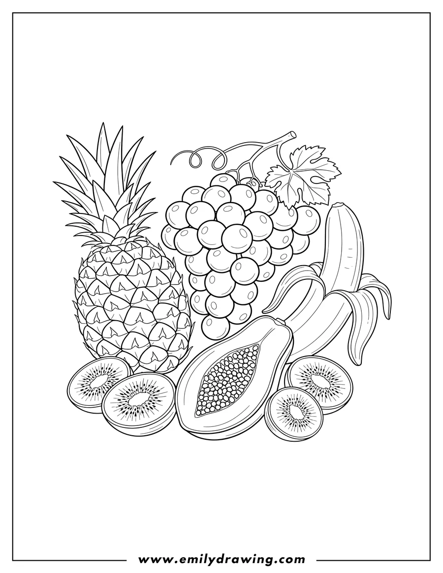 Doodle style coloring picture of mixed Fruits Scaled, with grapes, pineapple, banana, and sliced papaya and kiwi