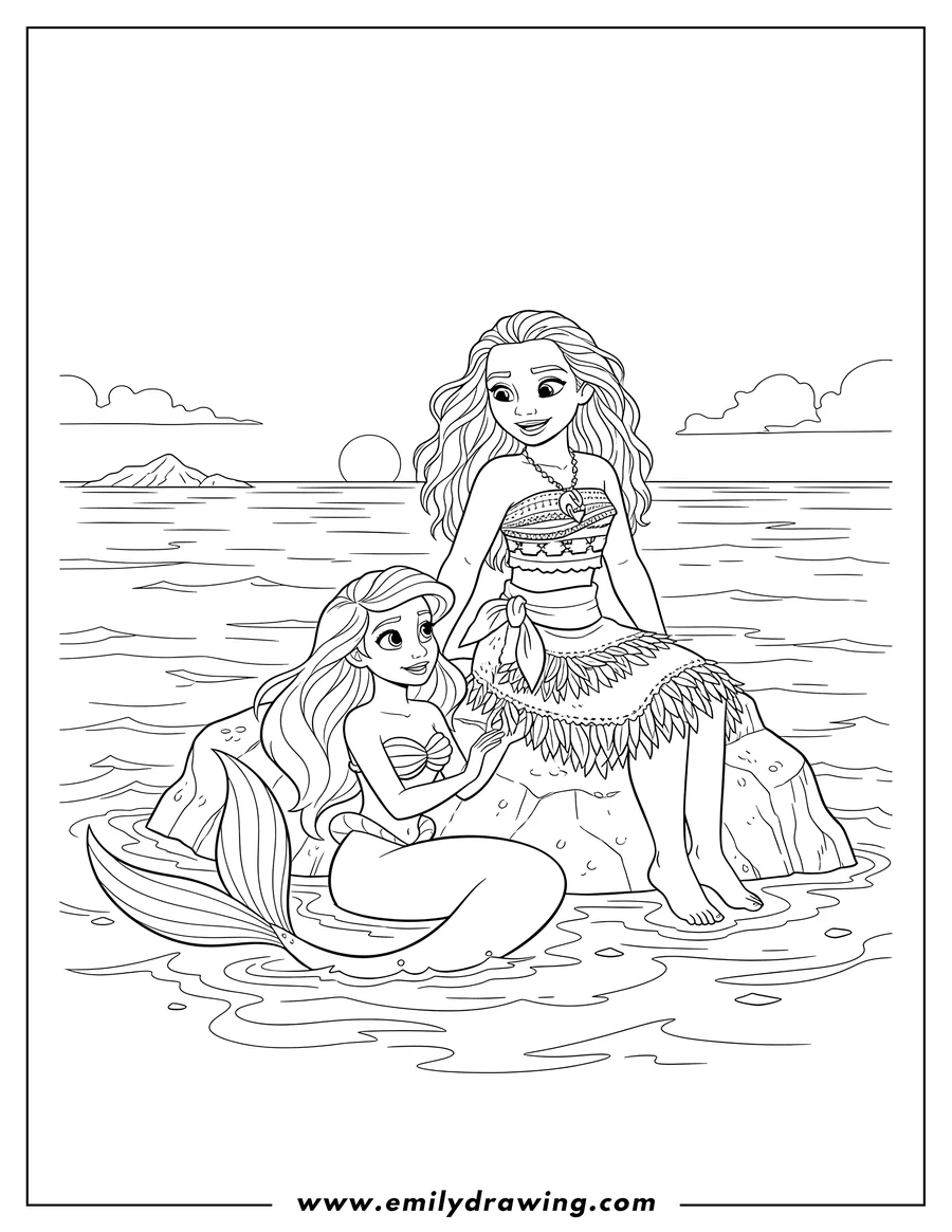 Free printable coloring sheet of moana and Ariel at sea, Moana sitting on a rock, Ariel as a mermaid in the water looking at her